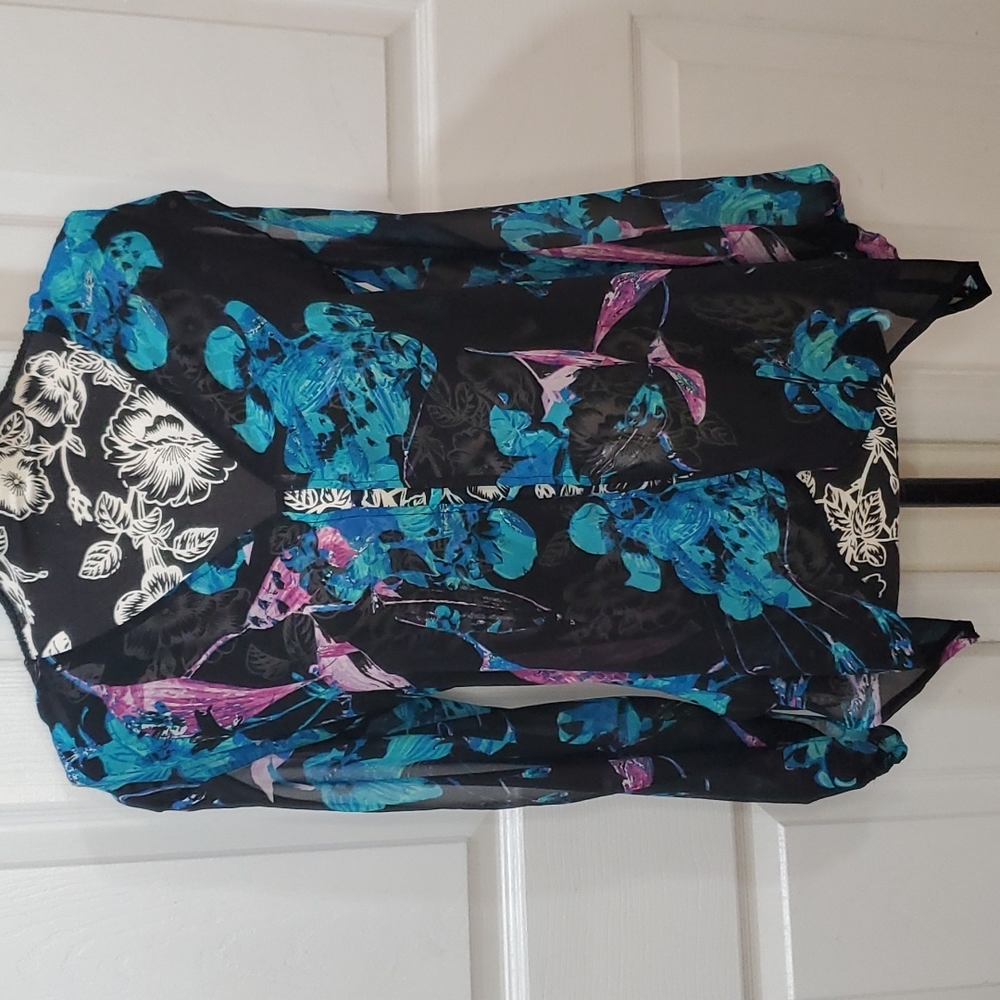 Bebe Blue and Purple Sheer Open Arm Blouse XS